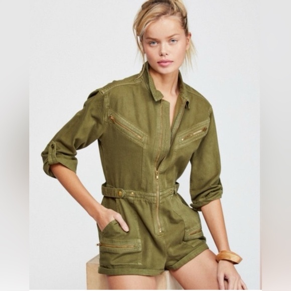 FREE PEOPLE 4 Army Green Military Utility Long Sleeve Romper Convertible Sleeves - Picture 1 of 16